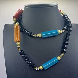 Vintage Sandra David Wood Black Gold  Bead Necklace Long 32 in Jewel Tones